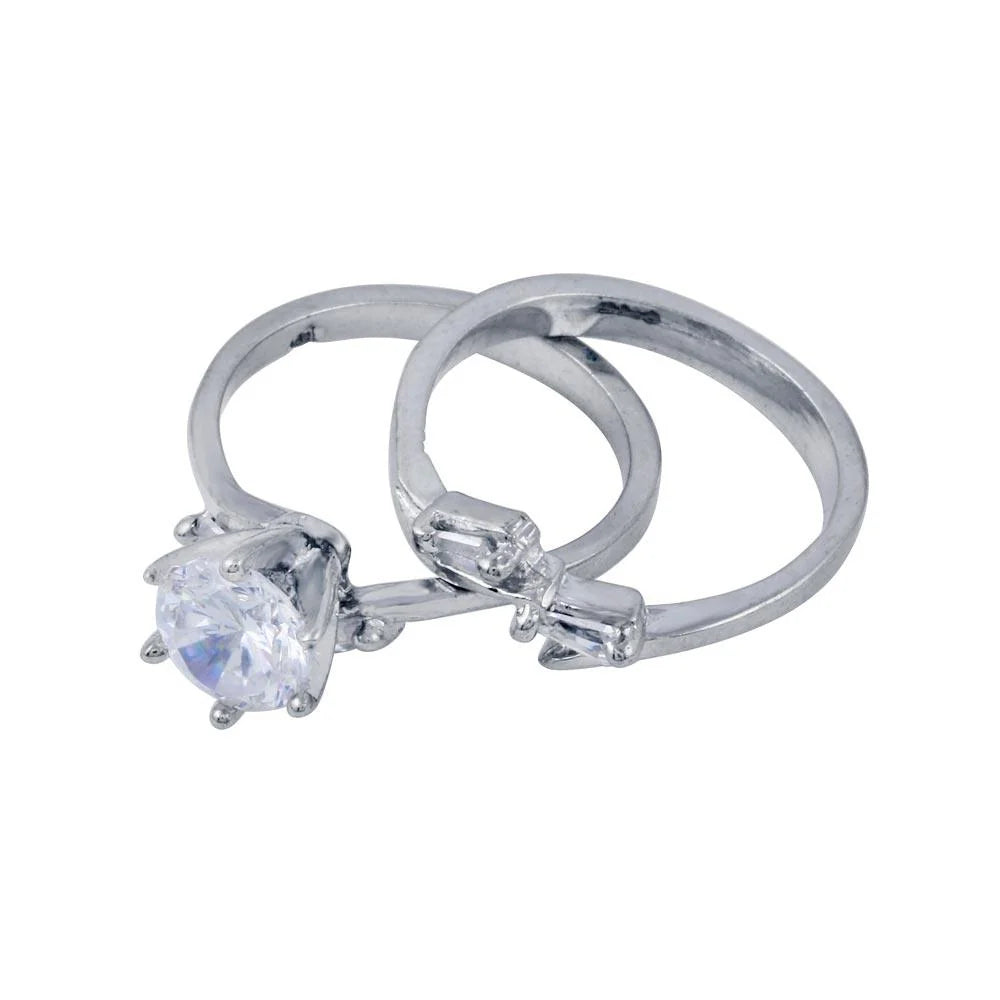 925 Silver Rhodium Plated Clear Solitaire Baguette Sides CZ Engagement Ring Set