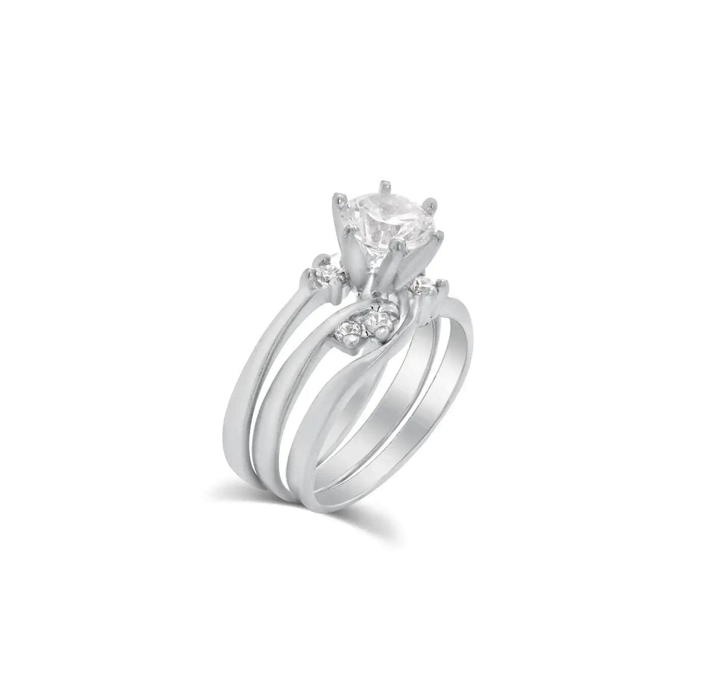 925 Sterling Silver Rhodium Plated Clear Double Stackable CZ Engagement Ring Set