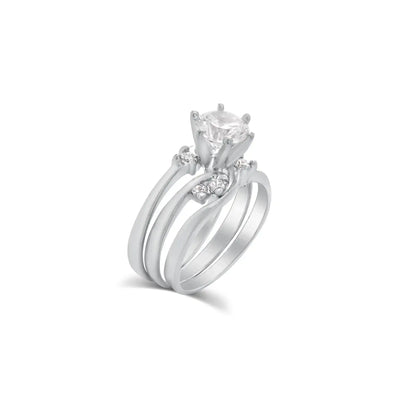 925 Sterling Silver Rhodium Plated Clear Double Stackable CZ Engagement Ring Set