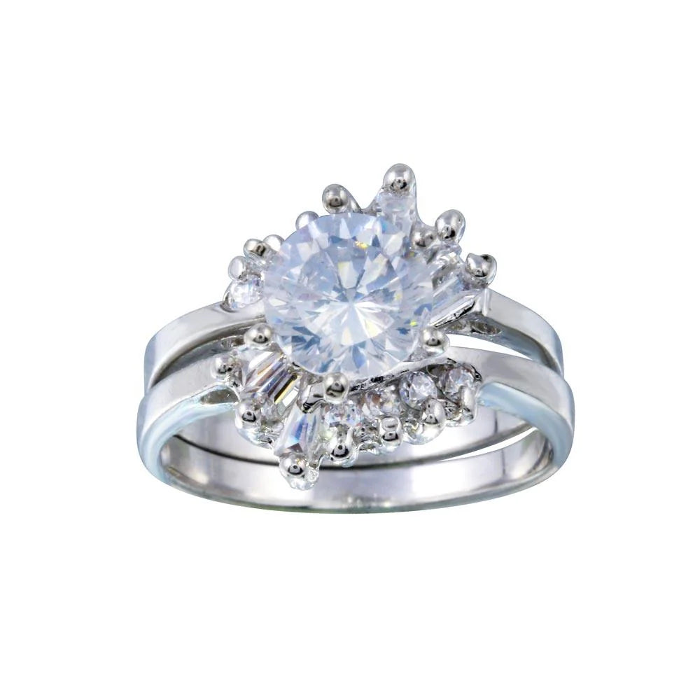 925 Silver Rhodium Plated Clear Solitaire Baguette and Round CZ Engagement Ring Set
