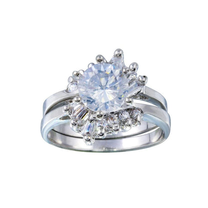 925 Silver Rhodium Plated Clear Solitaire Baguette and Round CZ Engagement Ring Set