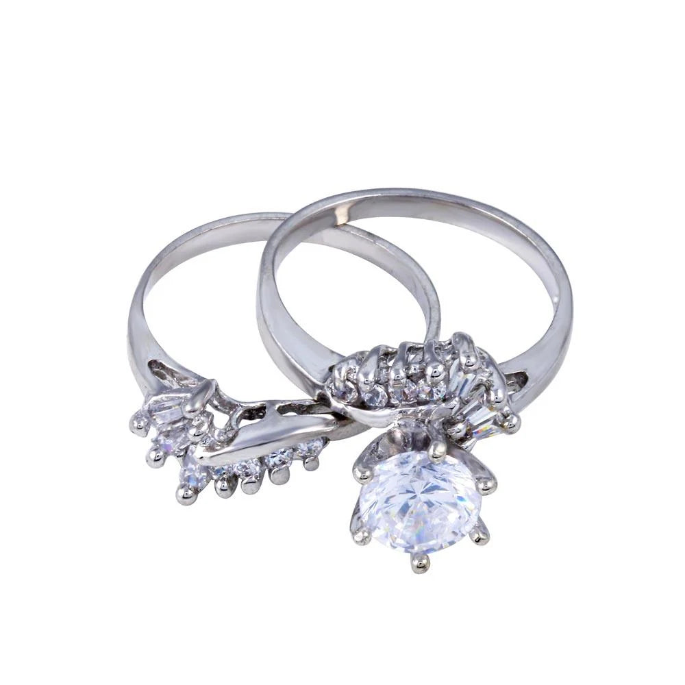 925 Silver Rhodium Plated Clear Solitaire Baguette and Round CZ Engagement Ring Set