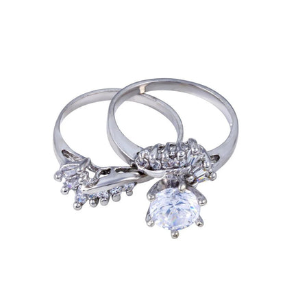 925 Silver Rhodium Plated Clear Solitaire Baguette and Round CZ Engagement Ring Set