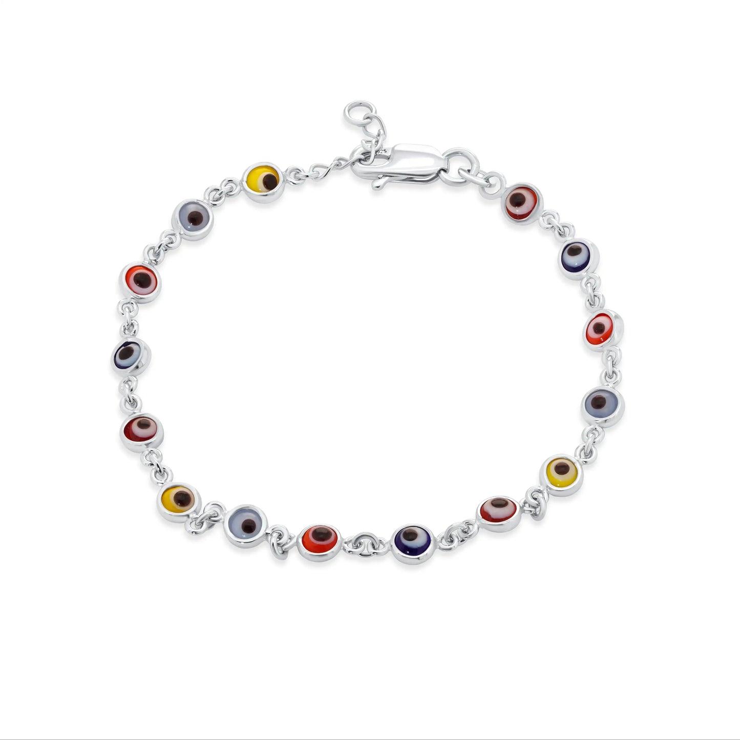 925 Sterling Silver Rhodium Plated Fifteen Multi Color Evil Eye 4.5mm Charm Adjustable Bracelet