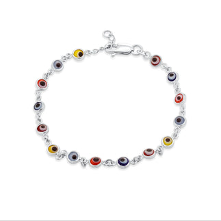 925 Sterling Silver Rhodium Plated Fifteen Multi Color Evil Eye 4.5mm Charm Adjustable Bracelet
