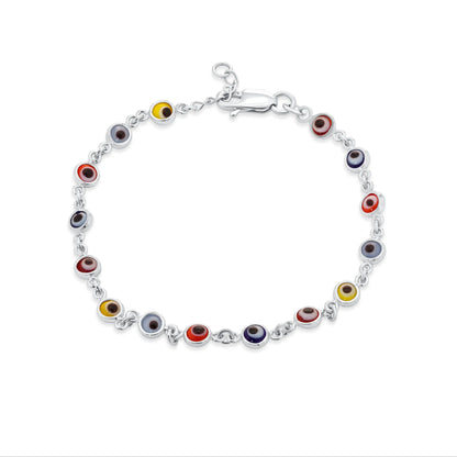 925 Sterling Silver Rhodium Plated Fifteen Multi Color Evil Eye 4.5mm Charm Adjustable Bracelet