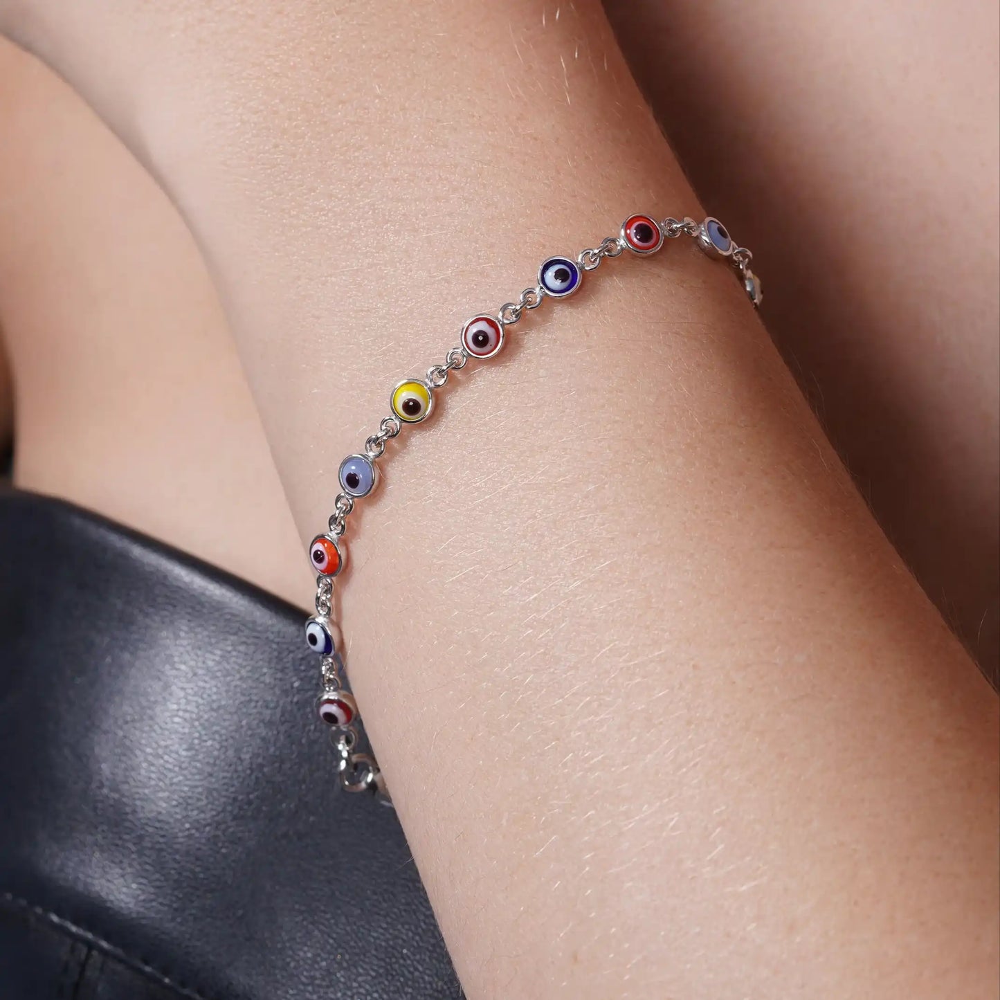 925 Sterling Silver Rhodium Plated Fifteen Multi Color Evil Eye 4.5mm Charm Adjustable Bracelet