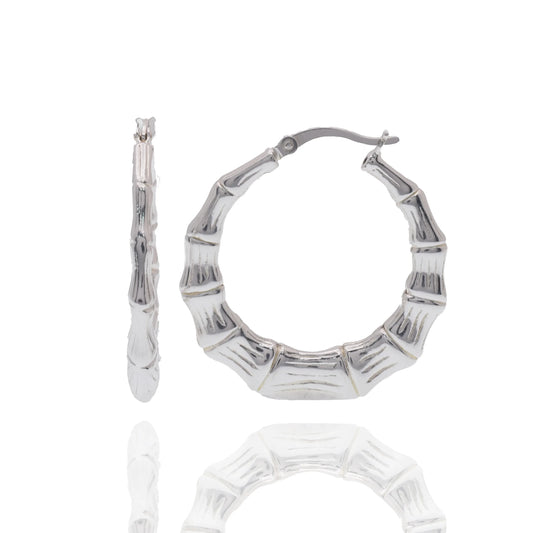925 Sterling Silver Rhodium Plated Bamboo Style Hoop Earring