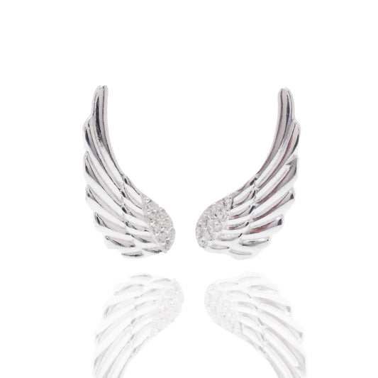 925 Sterling Silver Plated Angel Wings Clear CZ 7.5mm x 18.9mm Stud Earring