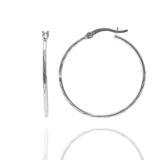 925 Sterling Silver Rhodium Plated Diamond Cut 1.3mm Hoop Earring