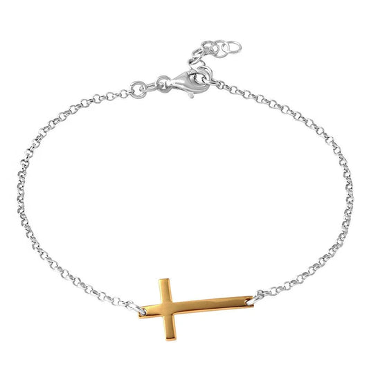 925 Silver Rhodium Plated Italian Rolo Chain with Gold Plated Cross Bracelet