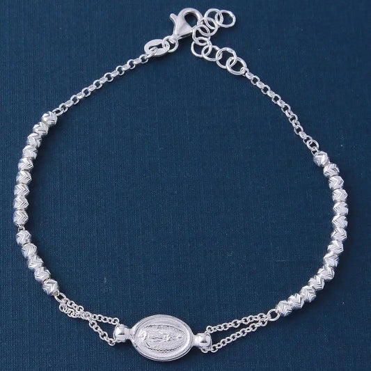 925 Sterling Silver Diamond Cut Beads with Religious Medallion Charm Bracelets