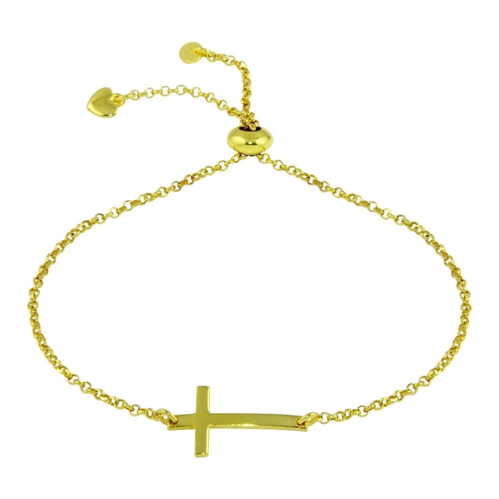 925 Sterling Silver Gold Plated Horizontal Cross Bracelet with Heart Charms