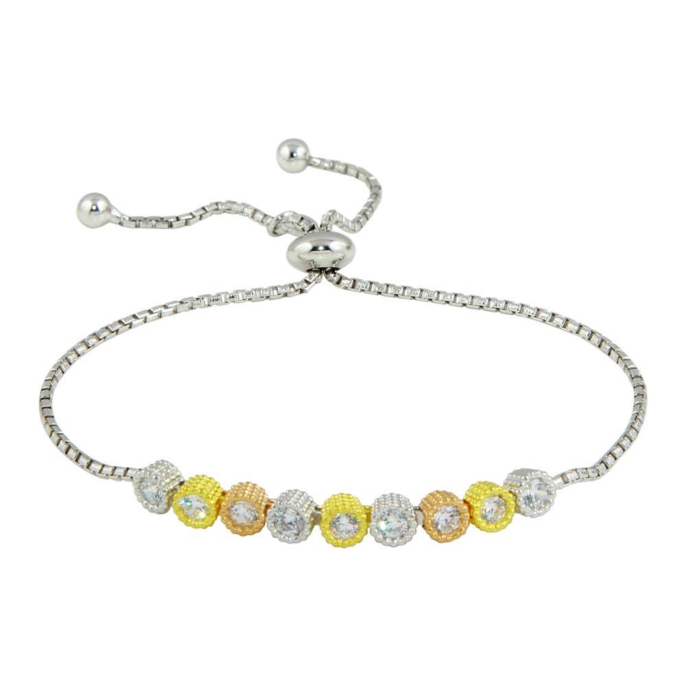 925 Sterling Silver Rhodium Plated Linked Three-Tone Circles with CZ