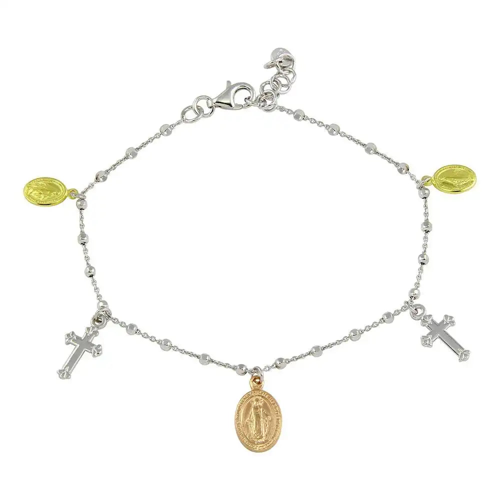 925 Sterling Silver Rhodium Plated Lady of Guadalupe Three-Tone Charm Bracelets