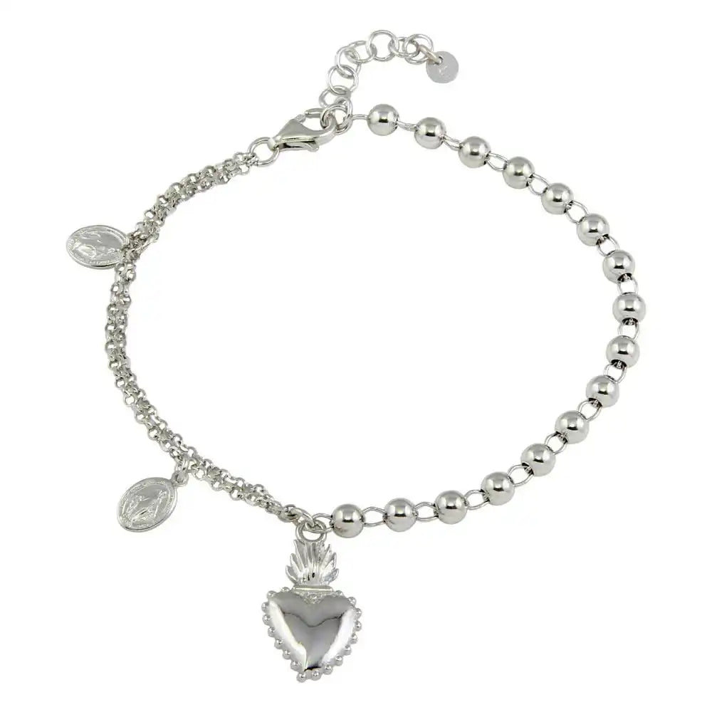 925 Sterling Silver Rhodium Plated Lady of Guadalupe Bead Bracelet with Heart Charms
