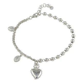 925 Sterling Silver Rhodium Plated Lady of Guadalupe Bead Bracelet with Heart Charms