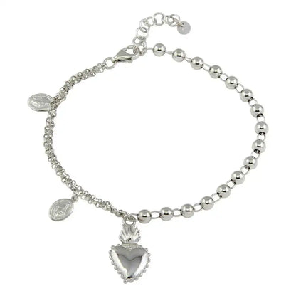 925 Sterling Silver Rhodium Plated Lady of Guadalupe Bead Bracelet with Heart Charms