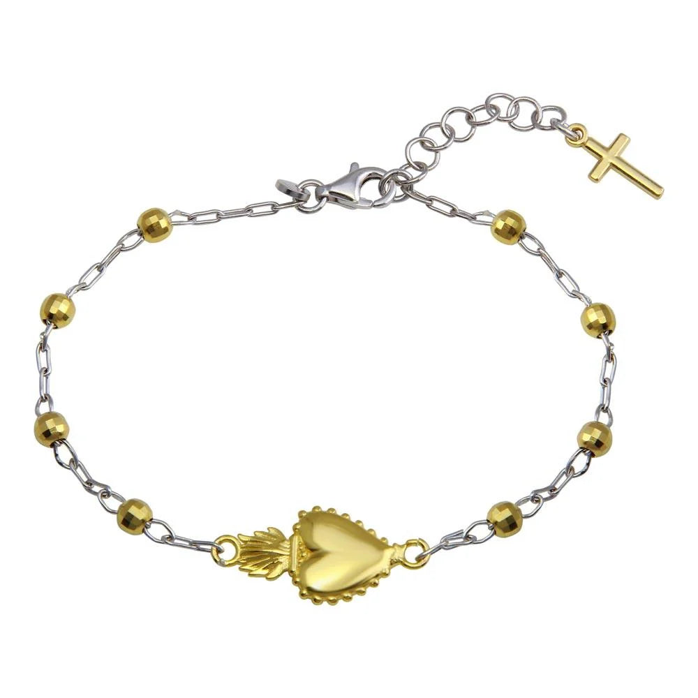 925 Sterling Silver Gold Plated 925 Sterling Two-Tone Heart Center DC Bead Bracelet