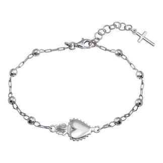 925 Sterling Silver Rhodium Plated Heart Center DC Bead Bracelet
