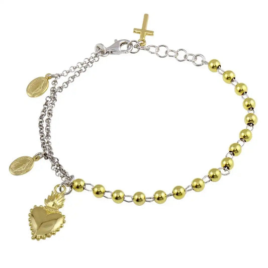 925 Sterling Silver Gold Plated Two-Tone  Heart Center Dangling Charm Bead Bracelet
