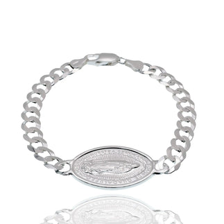 925 Sterling Silver High Polished 20.5mm x 30.7mm Guadalupe Charm on 7mm Curb Bracelet