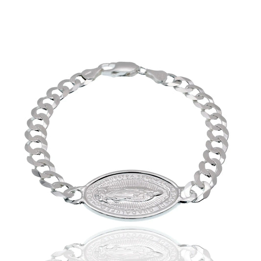 925 Sterling Silver High Polished 20.5mm x 30.7mm Guadalupe Charm on 7mm Curb Bracelet