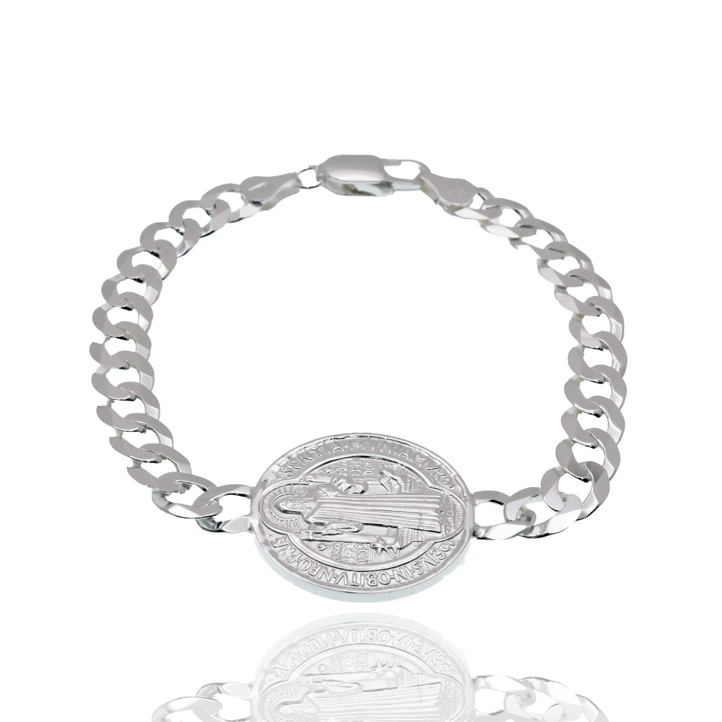 925 Sterling Silver High Polished 25.2mm Saint Benedict Charm on 7mm Curb Bracelet