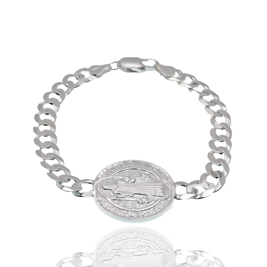 925 Sterling Silver High Polished 25.2mm Saint Benedict Charm on 7mm Curb Bracelet