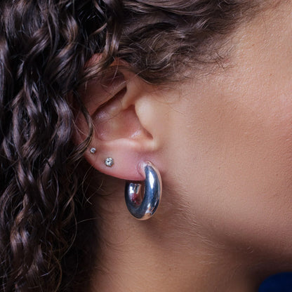 925 Sterling Silver High Polished Puffed 4mm Thick Hoop Earring