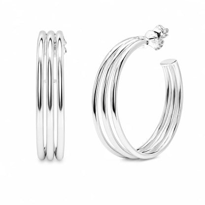925 Sterling Silver Silver Multi-Row Ribbed Hoop Earrings