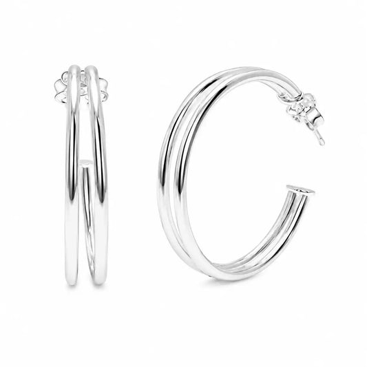 925 Sterling Silver Silver Two Ribbed Hoop Earrings
