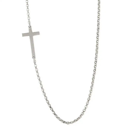 925 Sterling Silver Rhodium Plated Rolo Necklace With Cross