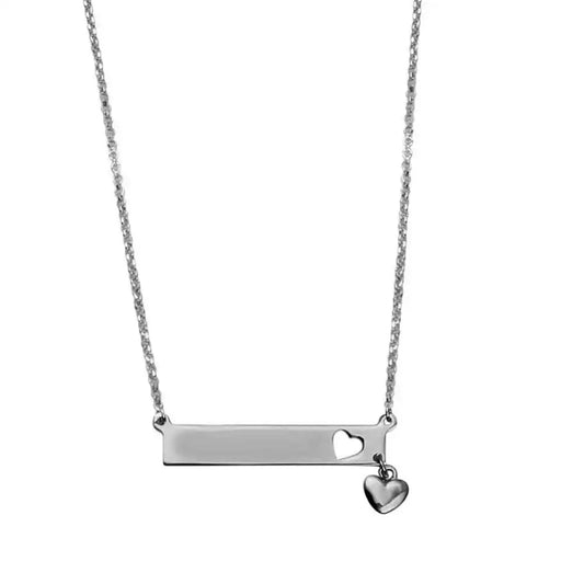 925 Sterling Silver Rhodium Plated Bar Pendant Necklace with Heart Charm