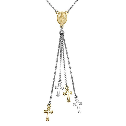 925 Sterling Silver Rhodium Plated and Gold Plated Rosary Tassel Necklace