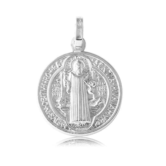 925 Sterling Silver High Polished Saint Benedict Medallion 30mm Pendant