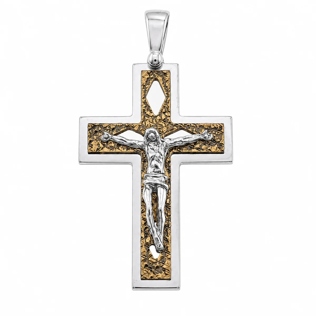 925 Sterling Silver Two-Tone DC Gold Plated Crucifix Pendant with Rhombus Design