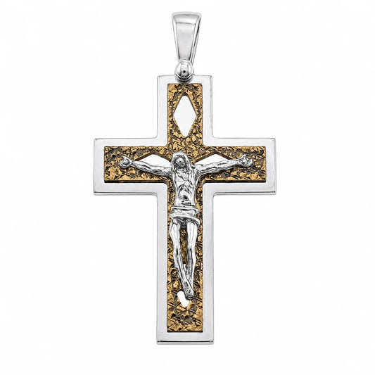 925 Sterling Silver Two-Tone DC Gold Plated Crucifix Pendant with Rhombus Design
