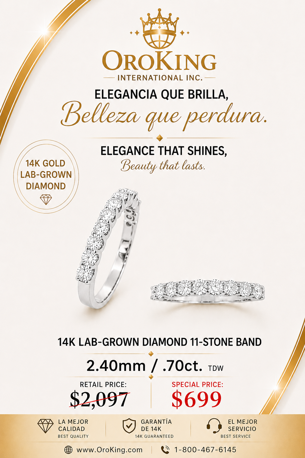 Women's 14K White Gold/Yellow Gold Lab-Grown Diamond 11-Stone Band 2.4mm Wide 0.70ct. TDW
