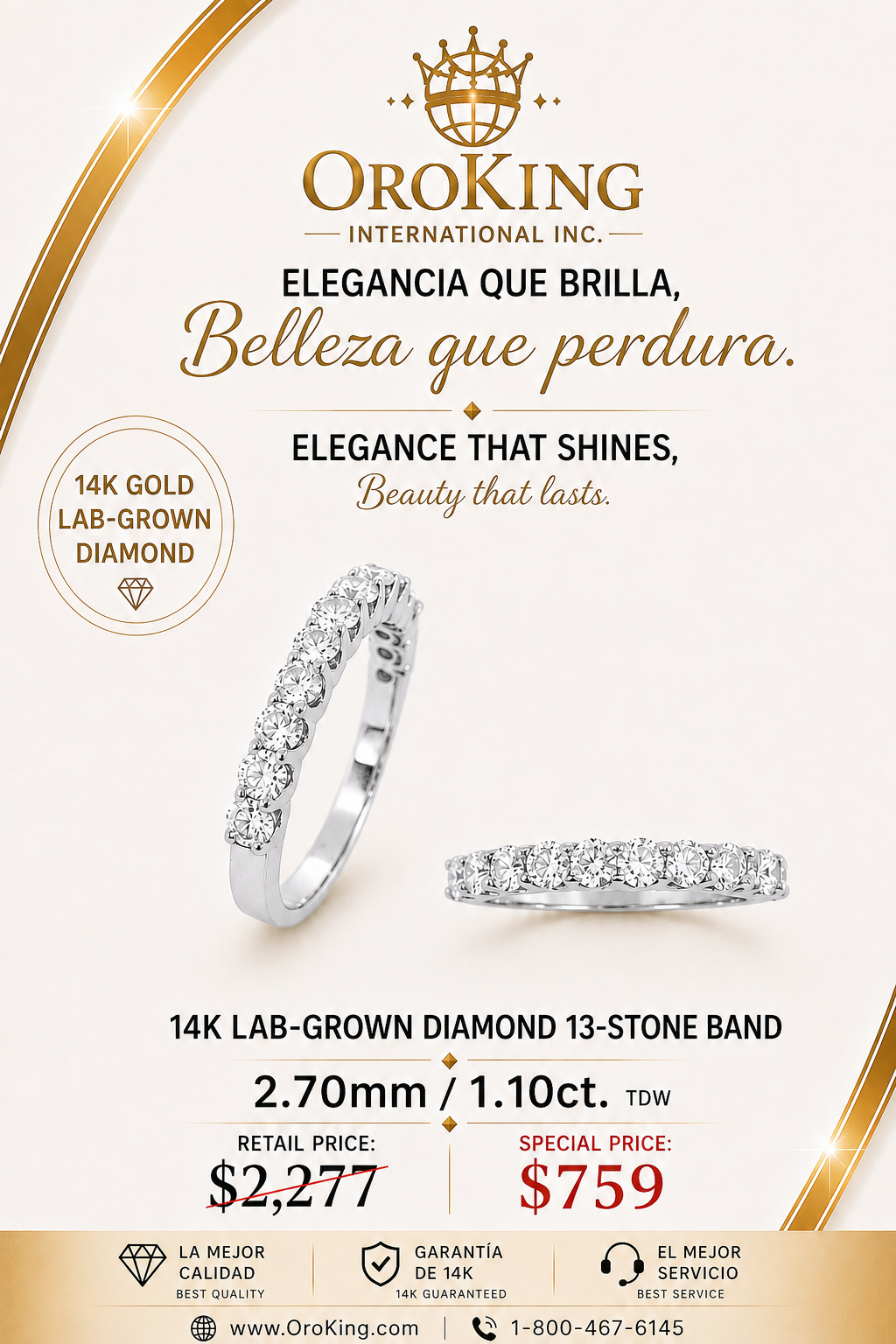 Women's 14K White Gold/Yellow Gold Lab-Grown Diamond 13-Stone Band 2.7mm Wide 1.10ct. TDW