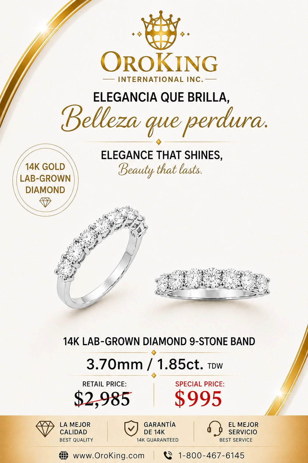Women's 14K White Gold Lab-Grown Diamond 9-Stone Band 3.7mm Wide 1.85ct. TDW