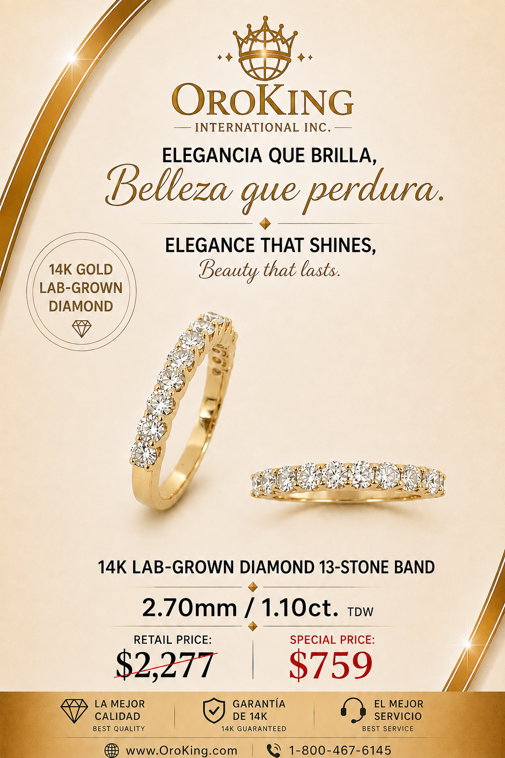 Women's 14K White Gold/Yellow Gold Lab-Grown Diamond 13-Stone Band 2.7mm Wide 1.10ct. TDW