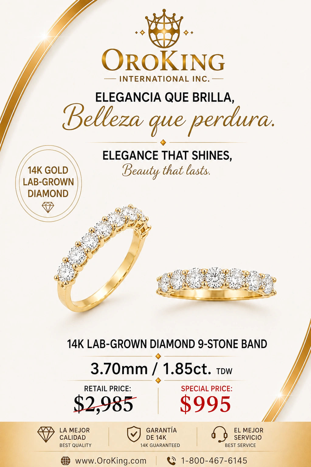 Women's 14K White Gold Lab-Grown Diamond 9-Stone Band 3.7mm Wide 1.85ct. TDW