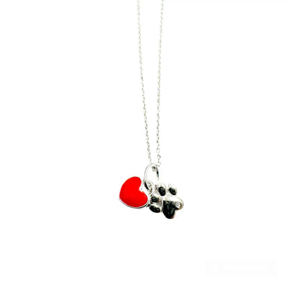 925 Sterling Silver Rhodium Plated Dog Paw Red Enamel Heart Pendant Necklace