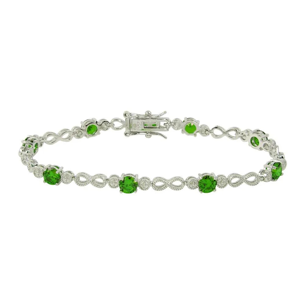 925 Sterling Silver Rhodium Plated Green CZ Infinity Tennis Bracelet