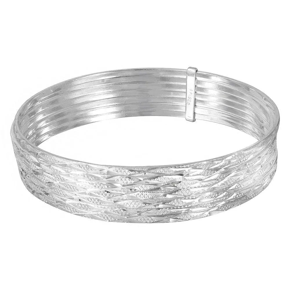 925 Sterling Silver High Polished Criss Cross Diamond Cut Semanario Bangle Bracelet