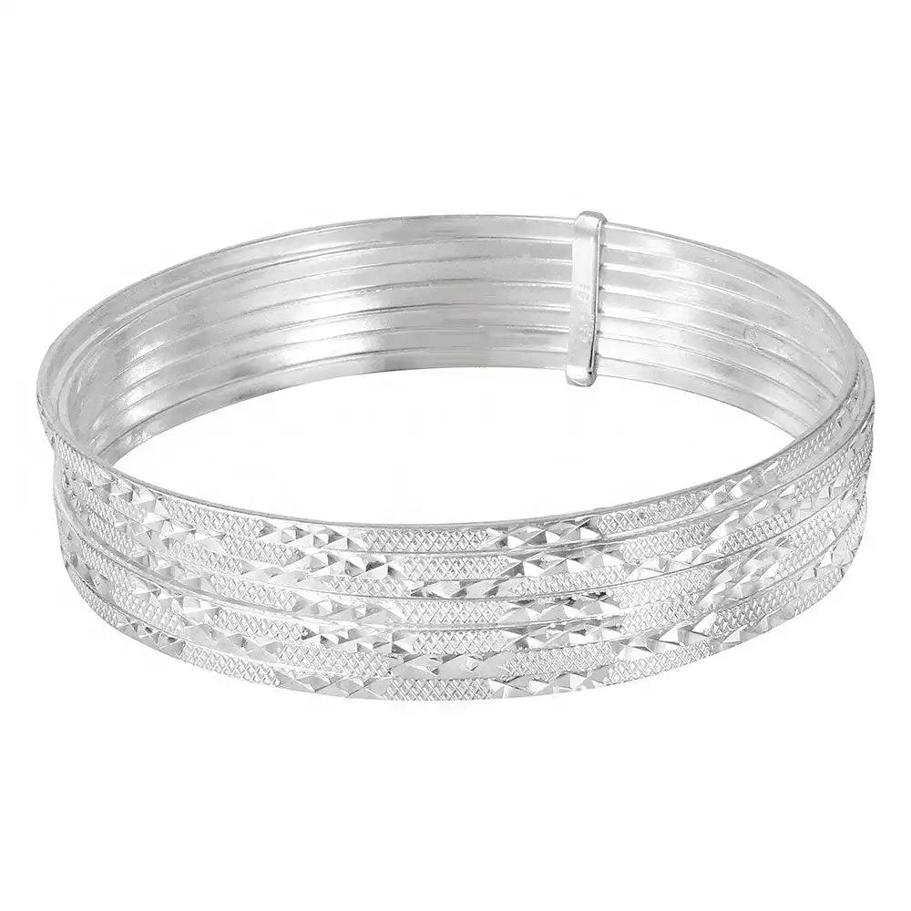 925 Sterling Silver High Polished Diamond Cut Semanario Bangle Bracelet