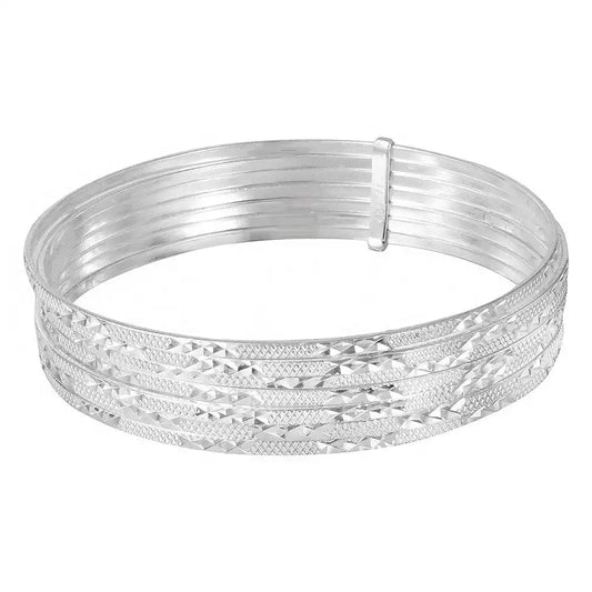 925 Sterling Silver High Polished Diamond Cut Semanario Bangle Bracelet