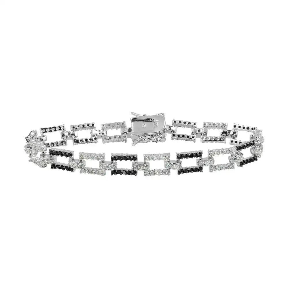 925 Sterling Silver Rhodium Plated Rectangle Link Bracelet with CZ
