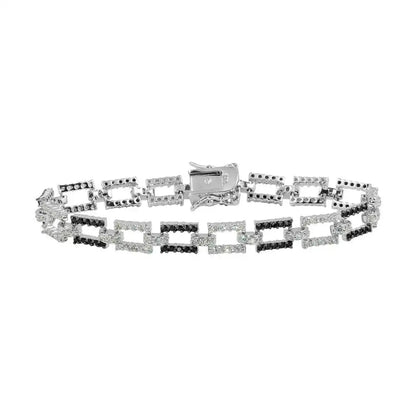 925 Sterling Silver Rhodium Plated Rectangle Link Bracelet with CZ